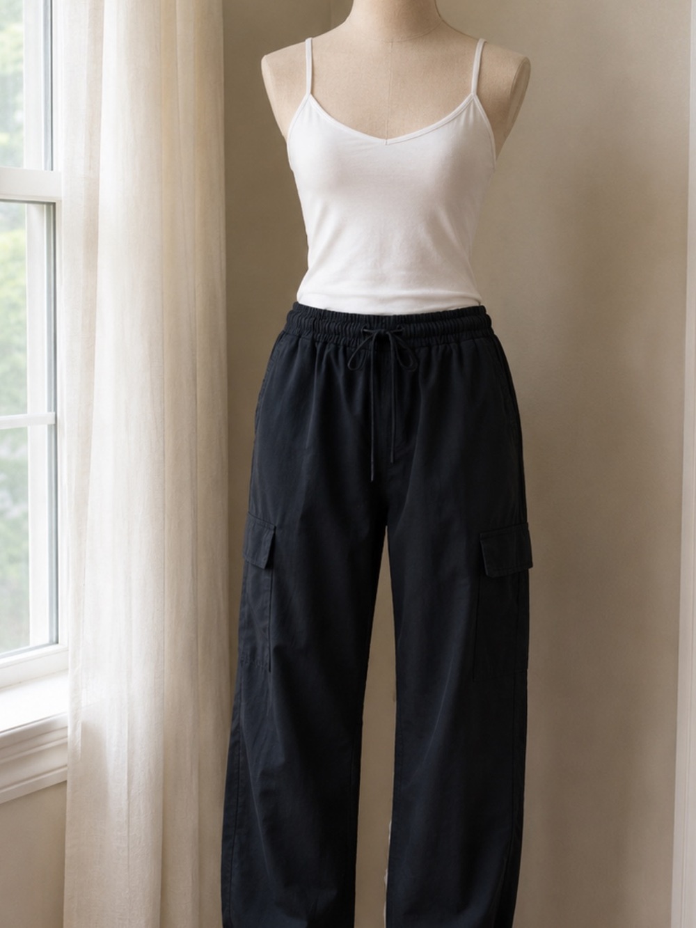 Casual Black Drawstring Cargo Joggers for Women